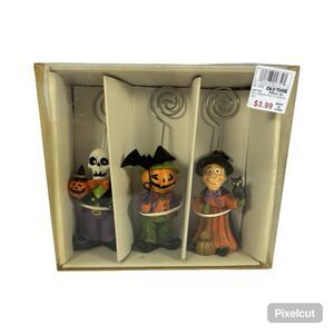 Old Time Pottery Halloween Photo Picture Display Set of 3 Pumpkin Witch Skeleton